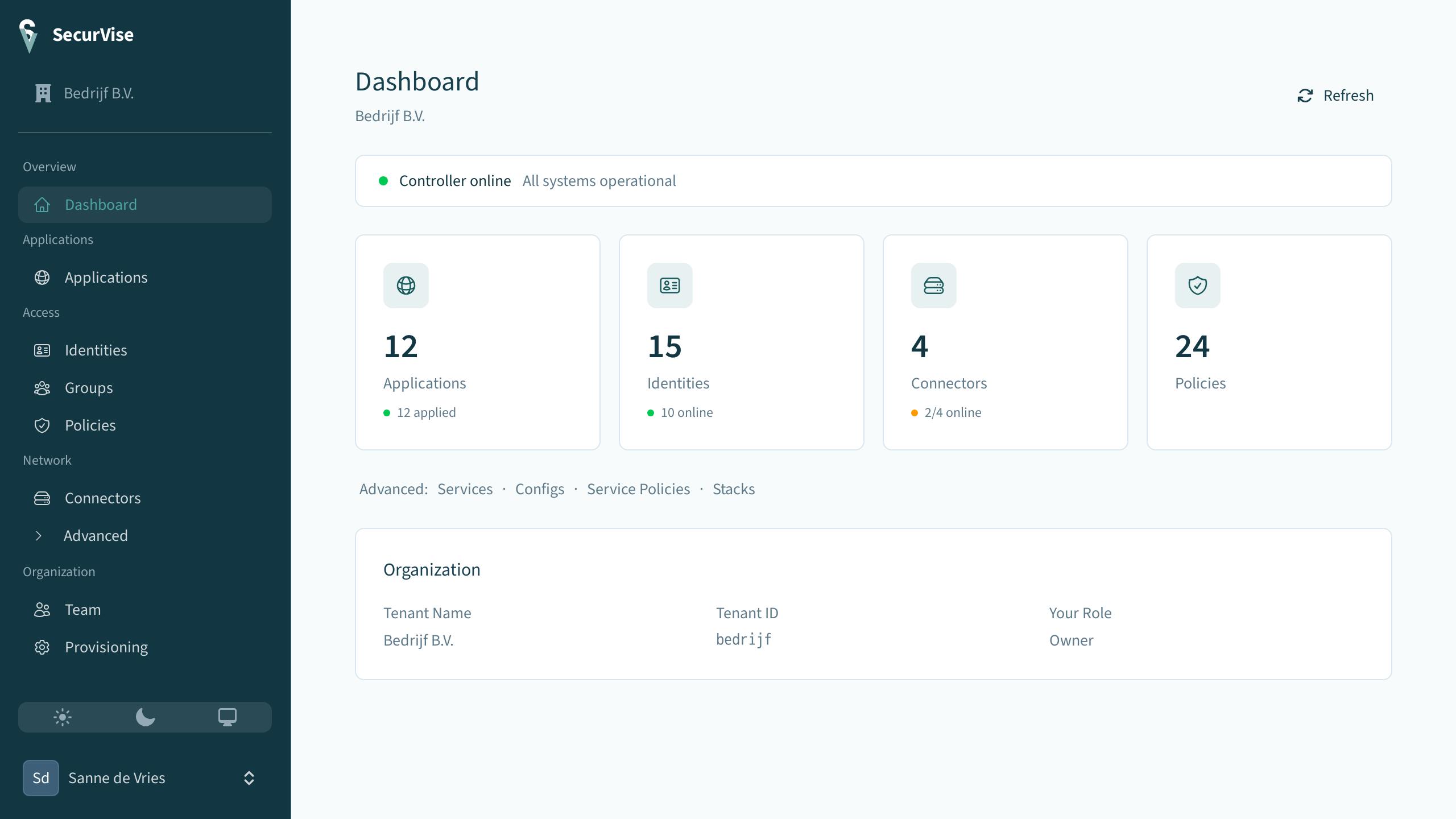 The SecurVise console: applications, identities, connectors and policies for one organisation, with the controller online
